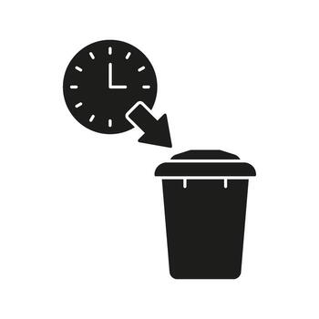 Clock With Trash Bin Solid Icon. Scheduled Waste Disposal And Time Management Silhouette Symbol. Efficient Waste Management. Isolated Illustration vector