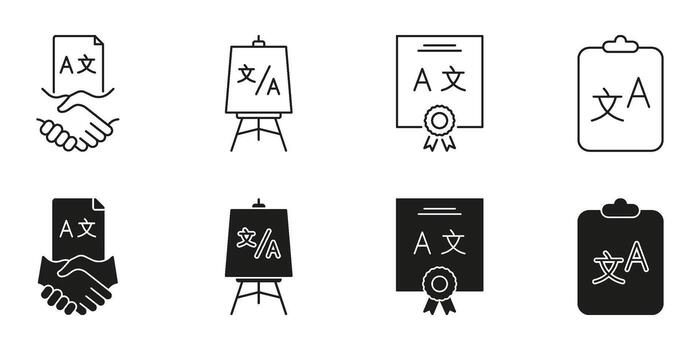 Traducción y idioma servicios línea y sólido icono colocar. idioma aprendizaje y interpretación herramientas. plurilingüe comunicación, Certificación símbolo recopilación. aislado ilustración vector