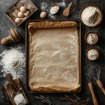 rústico horneando escena con ingredientes y vacío bandeja en preparación foto