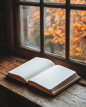Open Notebook by a Rustic Window With Warm Autumn Views photo