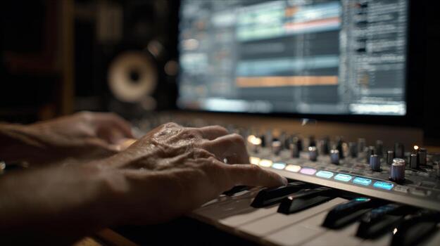 First-person View of Hands Editing Vocal Track with Audio Plugin Interface photo