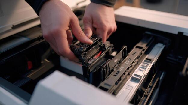 Hands Loading Toner Cartridge into Large-Format Printer from First-Person View photo