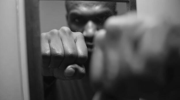 First-Person View of Shadowboxing in Front of Mirror with Focused Expression photo