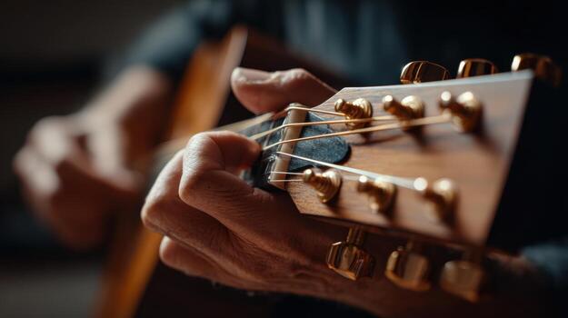 First-person View of Hands Tuning Guitar Strings with Precision photo