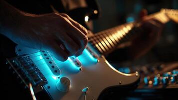 primera persona ver de manos jugando eléctrico guitarra con amplificador resplandor foto