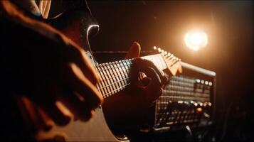 primera persona ver de guitarra acorde transiciones con amplificador resplandor foto