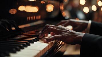 primera persona ver de manos jugando jazz acordes en grandioso piano en etapa ambiente foto