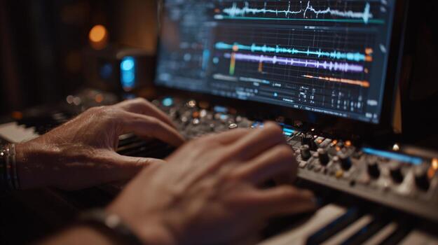 First-person view of hands editing vocal track with effects chain on plugin interface photo