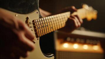 primera persona ver de acorde transiciones en eléctrico guitarra con amplificador resplandor foto
