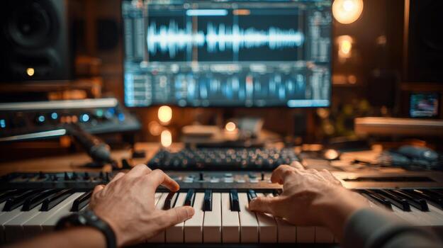 First-Person View of Recording Keyboard in Home Studio with DAW Interface photo
