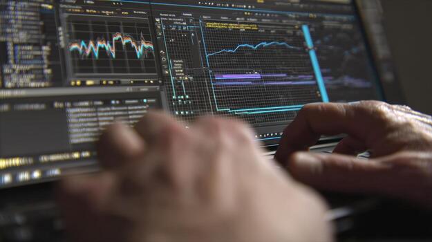 First-Person View of Hands Editing Animation Timeline and Graph Editor photo