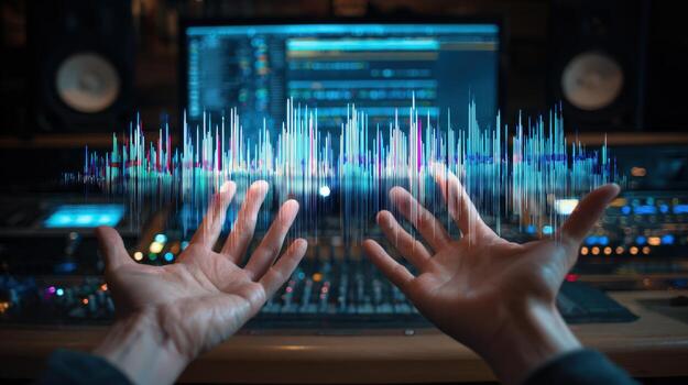 First-Person View of Hands Adjusting Audio Levels with Visual Equalizer Display photo