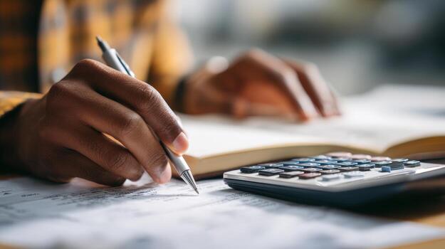 First-Person View of Hands Calculating Finances with Ledger and Notes photo
