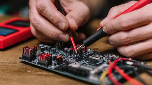First-person view of hands testing circuit board with multimeter probes photo