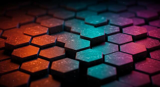 Colorful Hexagonal Pattern with Neon Lights and Sparkles in Dark Background photo