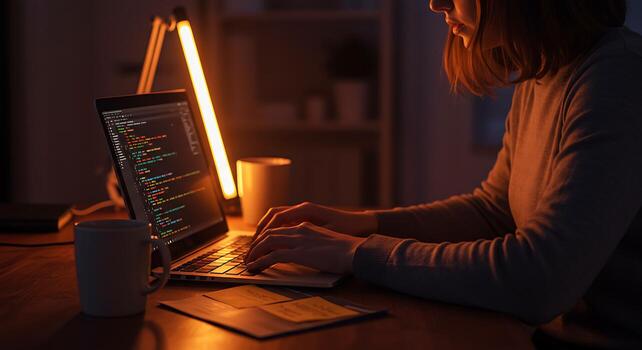 Female Programmer Working on Laptop with Code in Dimly Lit Room photo
