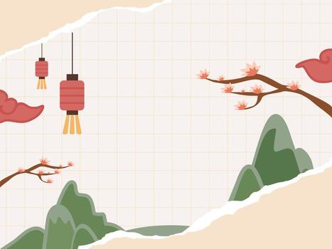 Minimalist Oriental Scenery with Blossoming Tree and Ripped Paper Effect vector