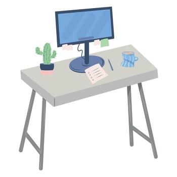 Home Workspace with Computer, Modern Desk Setup, Office Desk Illustration, Mug, Cactus, Memo vector