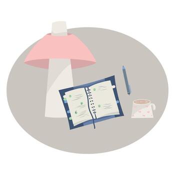 Lamp and Open Diary, Desk Light with Notebook, Workspace Lamp Illustration, Mug and pen vector