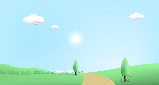Sunny Meadow Scene with White Fence and Clouds vector