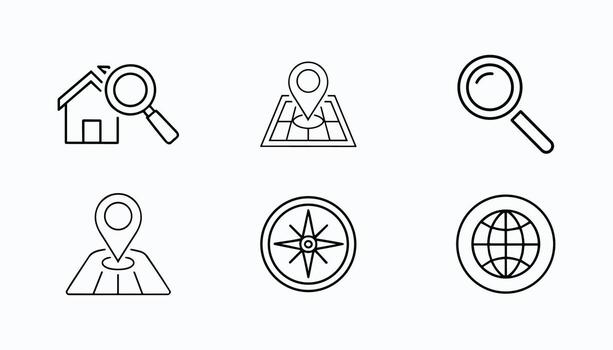 conjunto de negro línea viaje y navegación íconos incluso mapa, Brújula, ubicación alfiler, buscar, y globo para web diseño vector