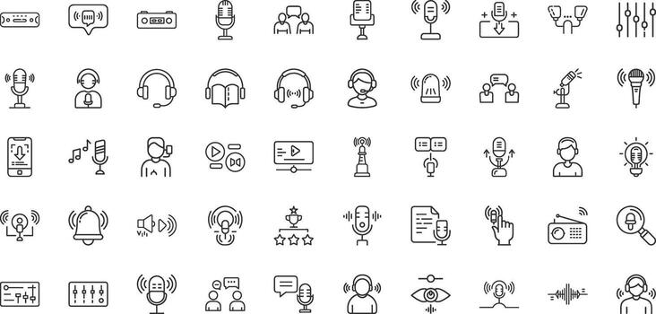 podcast íconos colección conjunto audio, episodios, radiodifusión, conversación, entrevista, transmisión, hablar, sonido, micrófono, anfitrión, contar historias, entretenimiento y más vector