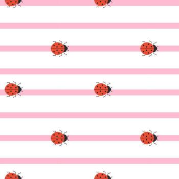 Seamless pattern with cute ladybugs on striped background. Minimal flat insect design for baby textiles, spring wrapping paper, and kids projects. vector