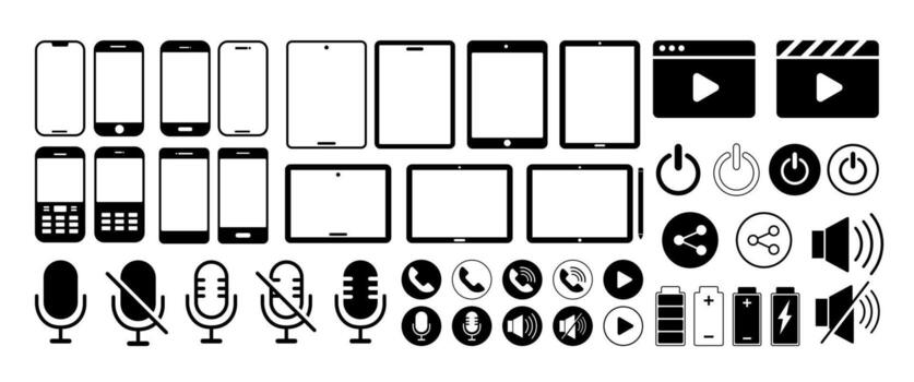 comunicación dispositivo ilustración colocar, aislado teléfono, tableta y medios de comunicación interfaz botones gráfico elementos símbolo en blanco fondo, editable vector