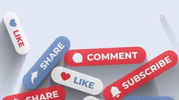 social media knappar animering med tycka om, dela med sig, kommentar, och prenumerera ikoner. modern 3d stil ui element för , strömning, bloggar, och digital marknadsföring rörelse grafik design. video