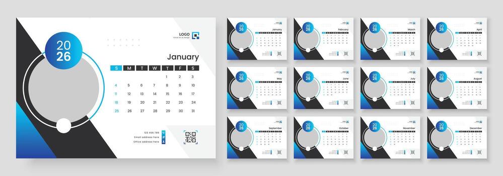 2026 desk calendar design template, 12 month corporate table calendar design, Calendar template for 2026 with week start on Sunday. vector