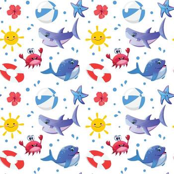 juguetón mar animal repetir, contento sol, ballena, tiburón, cangrejo, playa icono, tropical flor, sin costura marina Arte vector