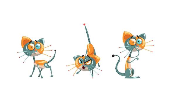 Cute Robotic Cat with Metal Tail and Whiskers Fuffing and Sitting Set vector