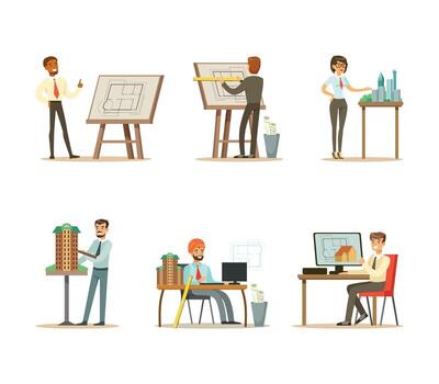 Architects Working on Architectural Plans Set, Construction Engineers Creating Projects Cartoon Illustration vector