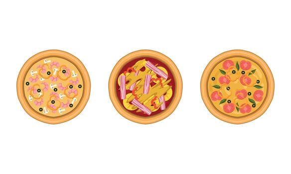 Pizza as Savory Italian Dish with Round Flattened Dough Topped with Sliced Tomatoes and Bacon Strips Above View Set vector