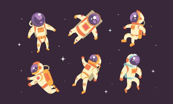 Astronauts in Spacesuits Floating in Outer Space Set, Spaceman Performing Extravehicular Activity on Backgound of Stars Illustration vector