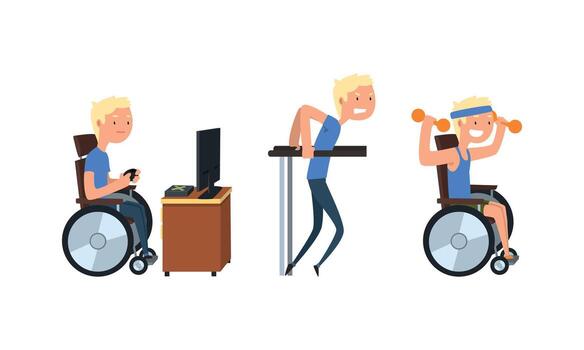 rubio hombre con invalidez en silla de ruedas jugando computadora juego y levantamiento pesa conjunto vector