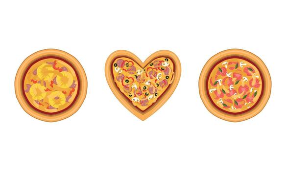 Pizza as Savory Italian Dish with Round Flattened Dough Topped with Sliced Tomatoes and Wurst Above View Set vector