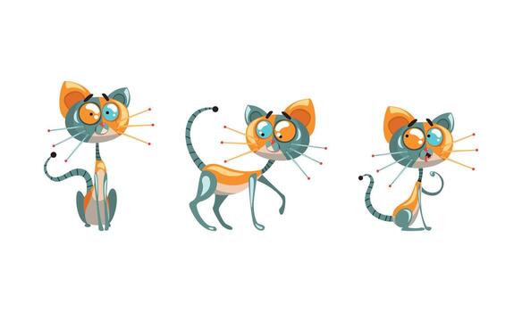 Cute Robotic Cat with Metal Tail and Whiskers Sitting and Walking Set vector