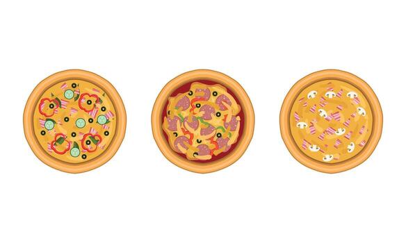 Pizza as Savory Italian Dish with Round Flattened Dough Topped with Sliced Wurst and Bacon Above View Set vector