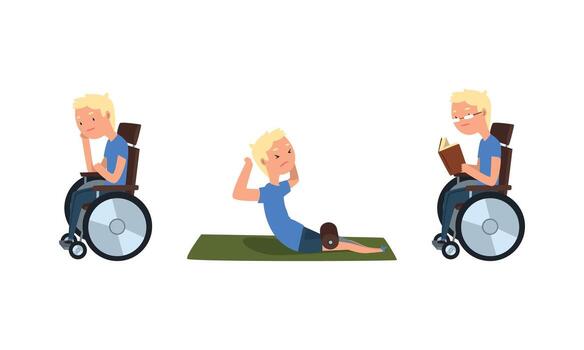Blond Man with Disability in Wheelchair Reading Book and Doing Physical Exercise Set vector