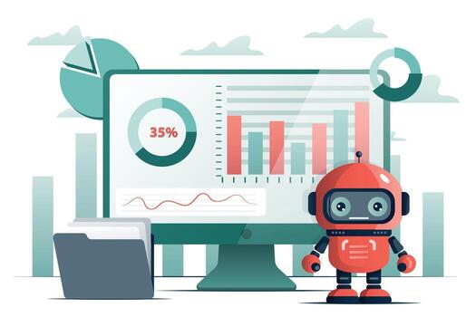 Robot analyzing data on screen vector