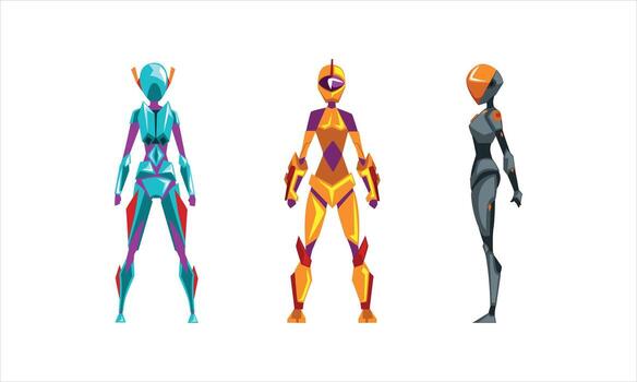 Female Robots Set, Side, Front and Back View of Cyborg Characters in Various Poses, Artificial Intelligence Concept Cartoon Illustration vector