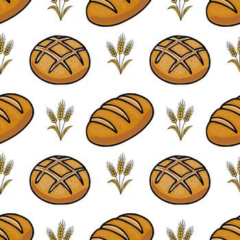 sin costura modelo presentando dibujado a mano ilustraciones de redondo y oblongo panes de un pan intercalado con estilizado trigo tallos, creando un rústico y apetitoso panadería diseño. vector