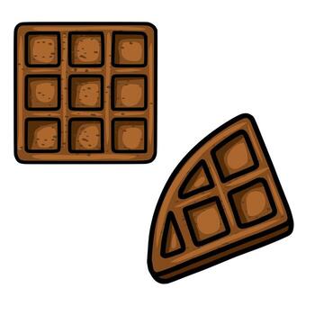 illustration of a whole square waffle and a quarter-circle piece of waffle, showcasing a hand-drawn style with brown color and textured surface. vector