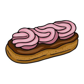 Delicious illustration of a single eclair pastry with pink cream swirls and chocolate topping, presented in a hand-drawn style with detailed texture and shading. vector