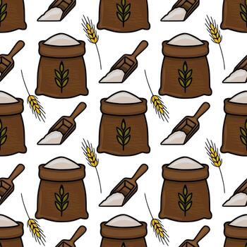 Seamless pattern of brown flour sacks, wooden scoops, and wheat stalks, creating a rustic and textured design ideal for bakery branding or kitchen-themed projects. vector