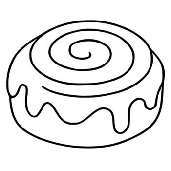 A illustration of a cinnamon roll with a spiral swirl topping and a dripping icing design, showcasing a minimalist black and white line art style. vector