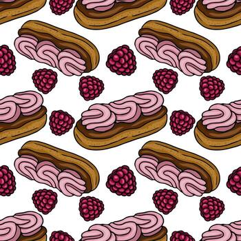Seamless pattern of delicious eclairs with pink cream and scattered raspberries, featuring a hand-drawn style with a playful, appetizing aesthetic. vector