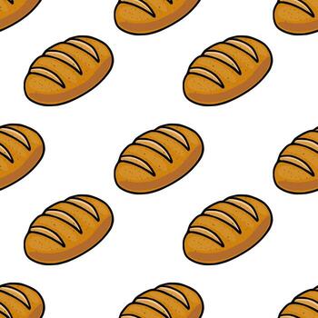 sin costura modelo de dibujado a mano marrón panes de un pan con Tres visible rebanadas, arreglado en un compensar cuadrícula en un blanco fondo, creando un sencillo aún apetitoso panadería diseño. vector