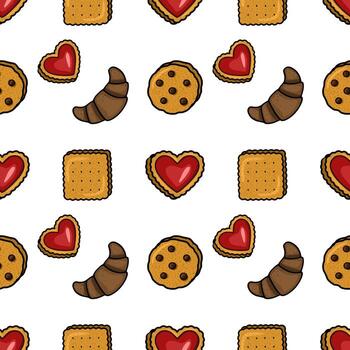 Seamless pattern featuring a delightful arrangement of croissants, chocolate chip cookies, and heart-shaped biscuits with red jam filling, creating a charming and appetizing bakery-themed de... vector